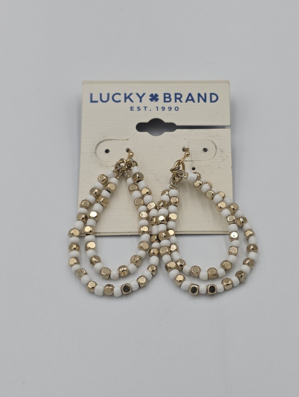 Lucky Brand‎ White and Gold Beaded Double Layer Teardrop Earrings Boho Chic
